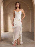White Chiffon Trumpet V-Neck Back Zip Asymmetrical Dress with Ruffles - Curvevia