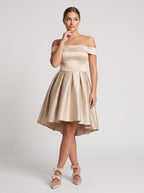 Sand Satin A-Line Off-the-Shoulder Back Zip Homecoming Dress with a Pleated Bodice - Curvevia