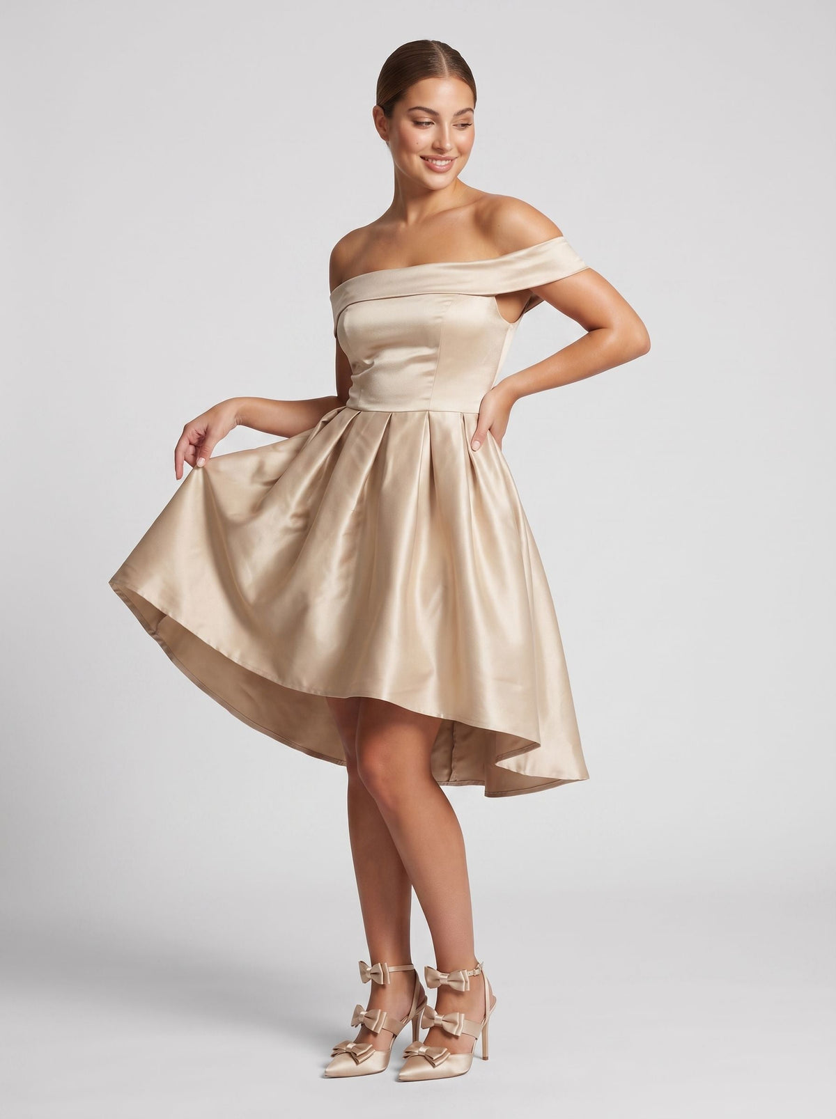 Sand Satin A-Line Off-the-Shoulder Back Zip Homecoming Dress with a Pleated Bodice - Curvevia