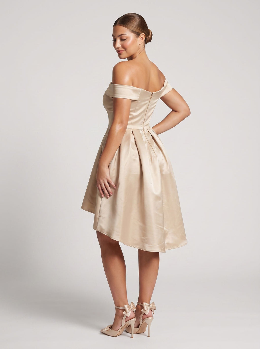 Sand Satin A-Line Off-the-Shoulder Back Zip Homecoming Dress with a Pleated Bodice - Curvevia