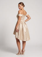 Sand Satin A-Line Off-the-Shoulder Back Zip Homecoming Dress with a Pleated Bodice - Curvevia