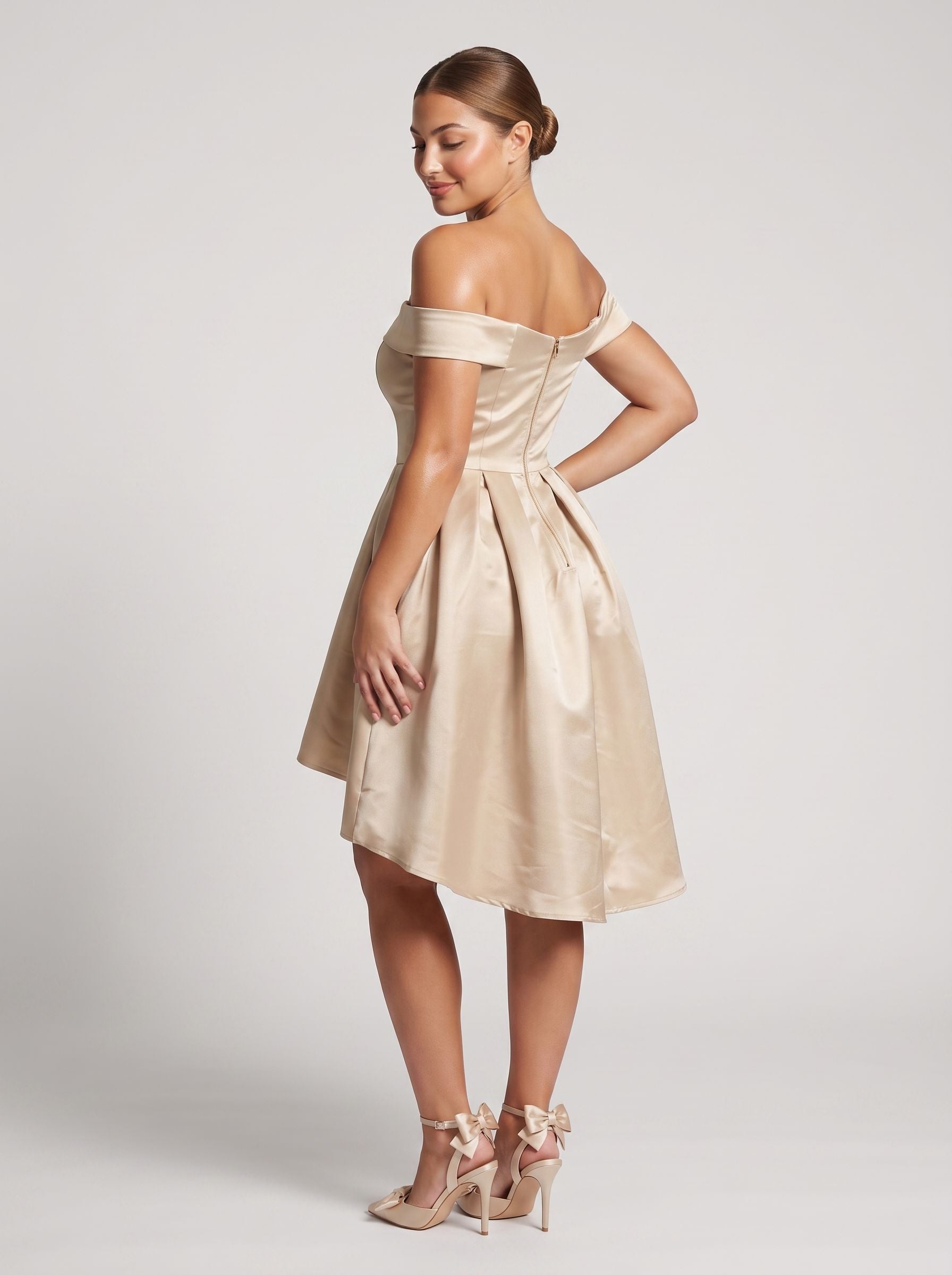 Sand Satin A-Line Off-the-Shoulder Back Zip Homecoming Dress with a Pleated Bodice - Curvevia