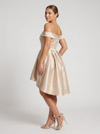 Sand Satin A-Line Off-the-Shoulder Back Zip Homecoming Dress with a Pleated Bodice - Curvevia