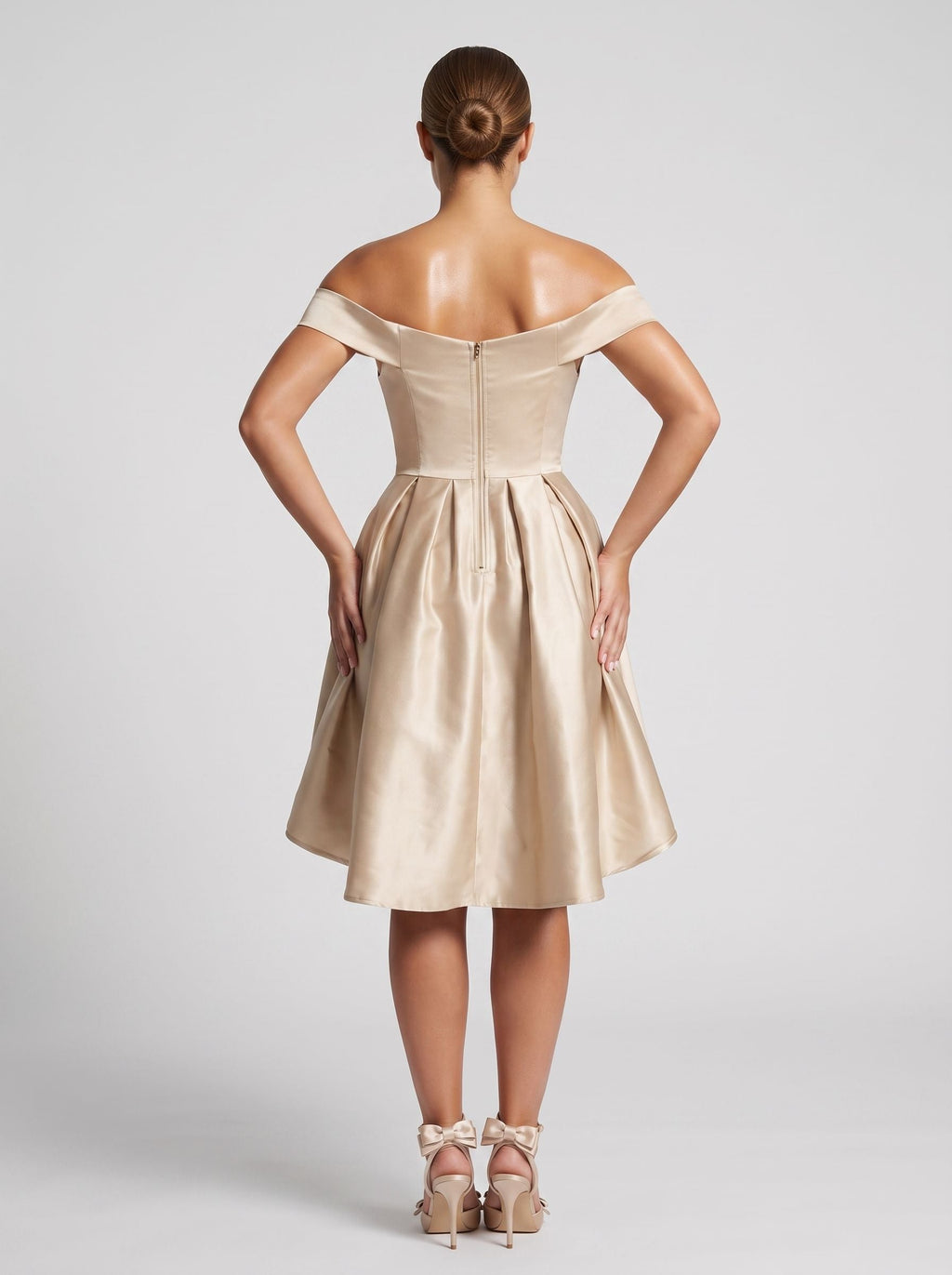 Sand Satin A-Line Off-the-Shoulder Back Zip Homecoming Dress with a Pleated Bodice - Curvevia