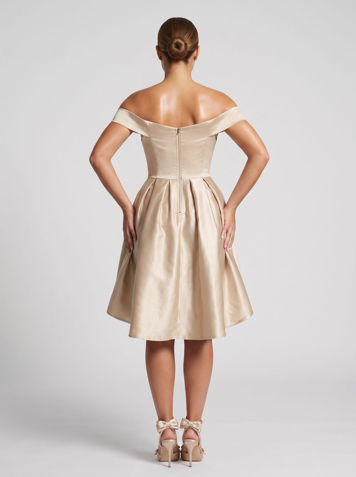 Sand Satin A-Line Off-the-Shoulder Back Zip Homecoming Dress with a Pleated Bodice - Curvevia