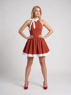 Rust Satin A-Line Halter neckline Back Zip Short Dress with Contrast Bow Trim - Curvevia