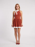 Rust Satin A-Line Halter neckline Back Zip Short Dress with Contrast Bow Trim - Curvevia