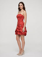 Red Satin A-Line Straight Neck Back Zip Short Dress with Pleated Bodice - Curvevia