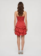 Red Satin A-Line Straight Neck Back Zip Short Dress with Pleated Bodice - Curvevia