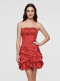 Red Satin A-Line Straight Neck Back Zip Short Dress with Pleated Bodice - Curvevia