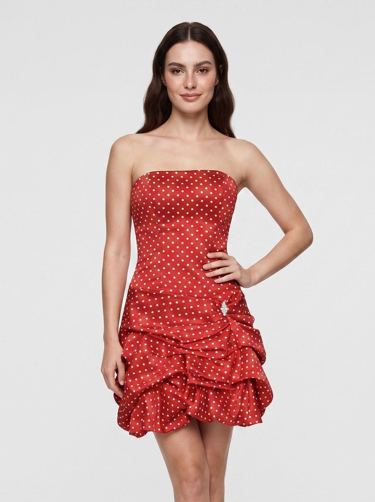 Red Satin A-Line Straight Neck Back Zip Short Dress with Pleated Bodice - Curvevia