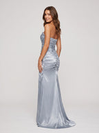 Mist Satin Sheath Straight Neck Back Zip Floor-Length Dress with Pleated Bodice - Curvevia