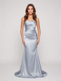 Mist Satin Sheath Straight Neck Back Zip Floor-Length Dress with Pleated Bodice - Curvevia