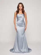 Mist Satin Sheath Straight Neck Back Zip Floor-Length Dress with Pleated Bodice - Curvevia