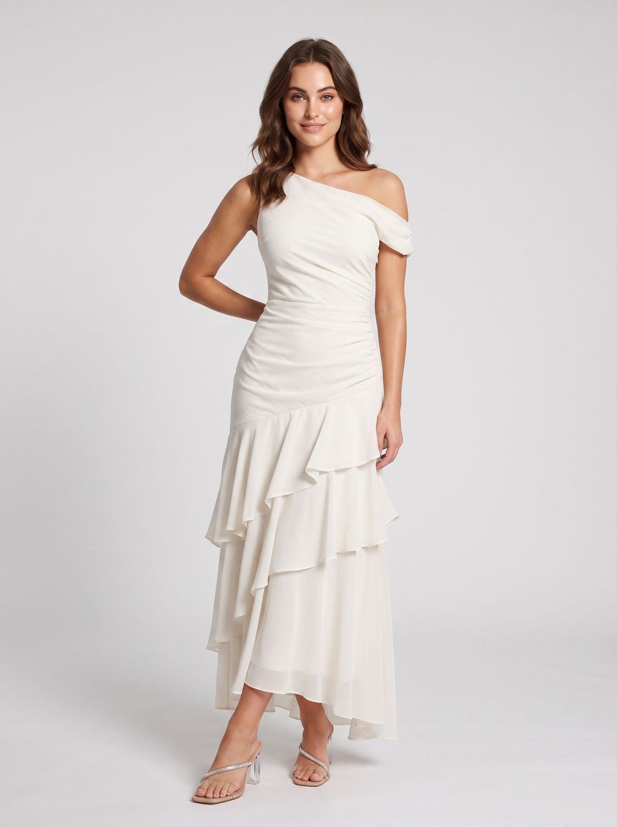 Ivory Satin column One Shoulder Side Zip Floor-Length Dress with Cascading Ruffles - Curvevia