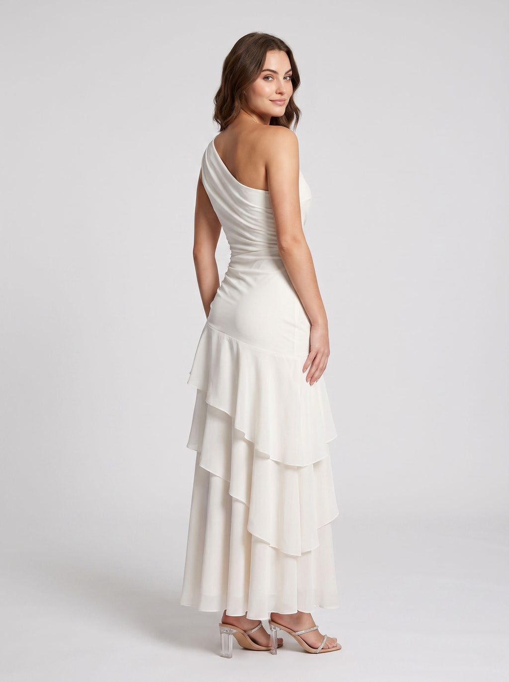 Ivory Satin column One Shoulder Side Zip Floor-Length Dress with Cascading Ruffles - Curvevia