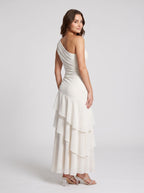 Ivory Satin column One Shoulder Side Zip Floor-Length Dress with Cascading Ruffles - Curvevia