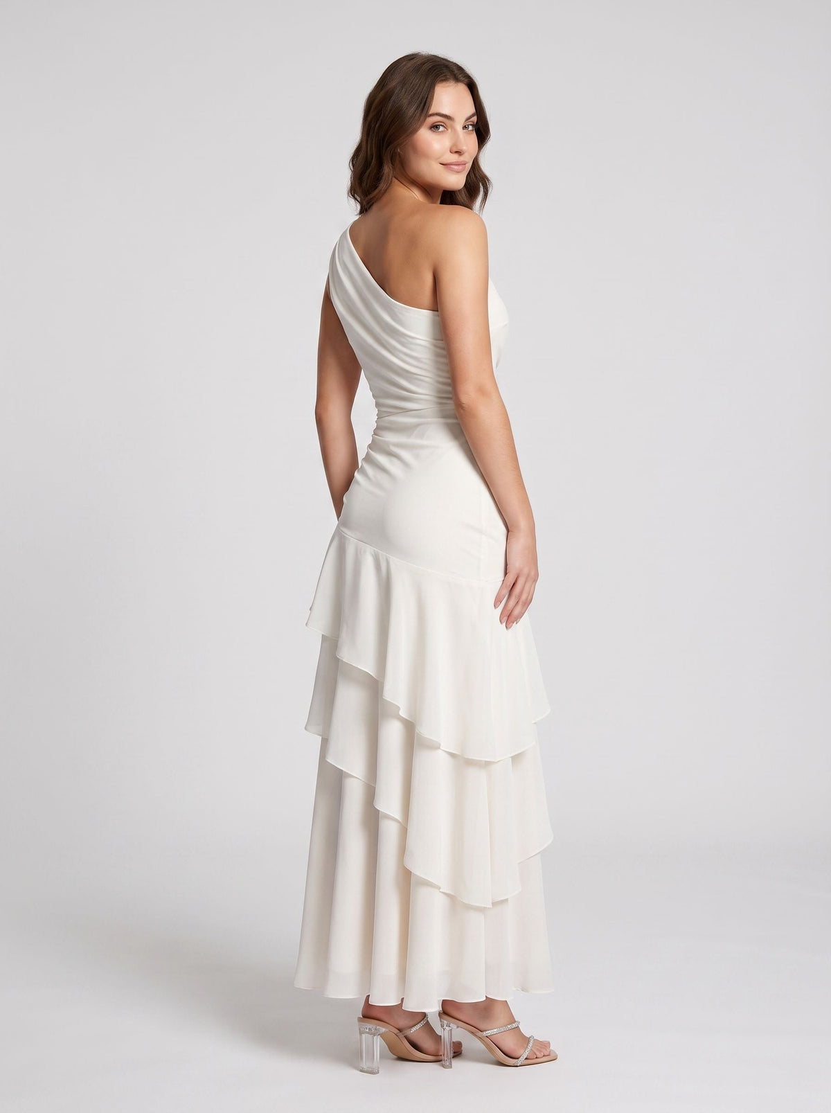 Ivory Satin column One Shoulder Side Zip Floor-Length Dress with Cascading Ruffles - Curvevia