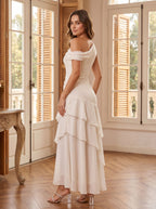 Ivory Satin column One Shoulder Side Zip Floor-Length Dress with Cascading Ruffles - Curvevia