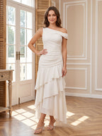 Ivory Satin column One Shoulder Side Zip Floor-Length Dress with Cascading Ruffles - Curvevia