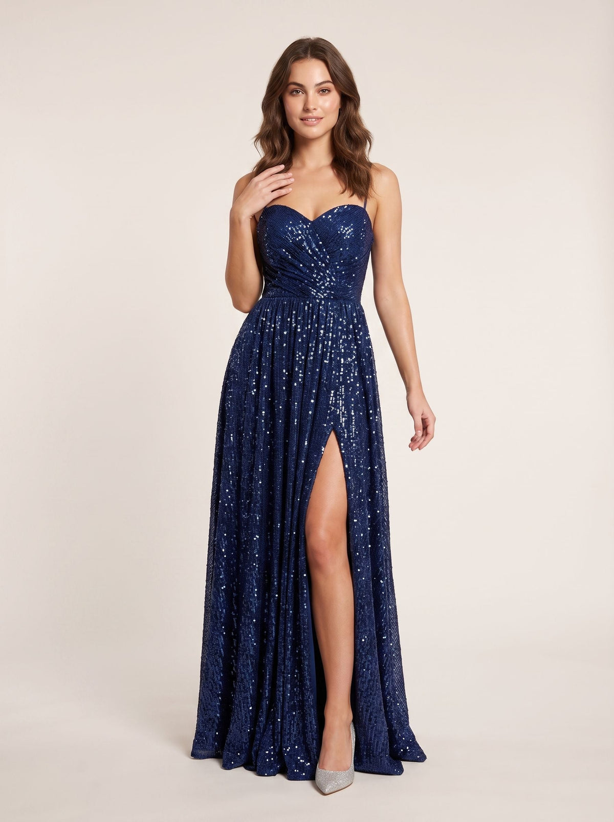 Dark Navy Sequins A-Line Straight Neck Back Zip Floor-Length Dress with Slit - Curvevia
