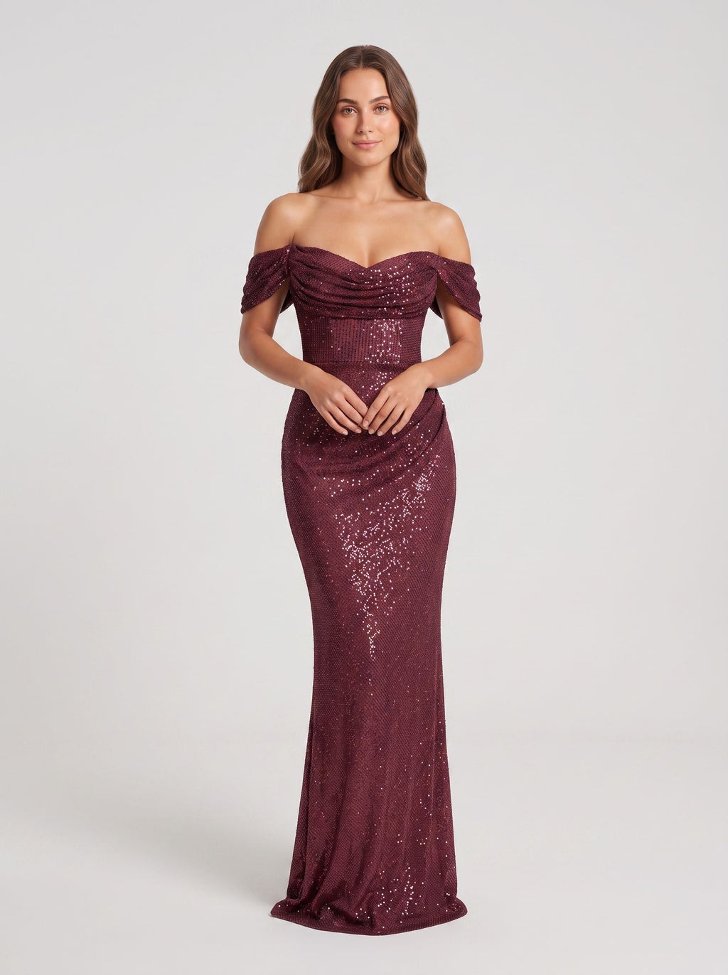 Cabernet Sequins Mermaid Off-the-Shoulder Back Zip Floor-Length Dress with Cascading Ruffles - Curvevia