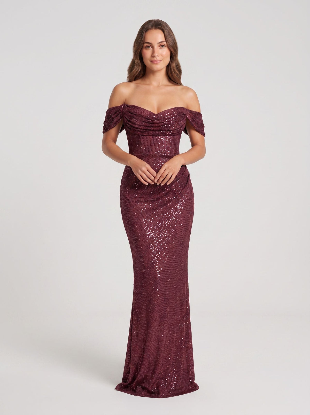 Cabernet Sequins Mermaid Off-the-Shoulder Back Zip Floor-Length Dress with Cascading Ruffles - Curvevia