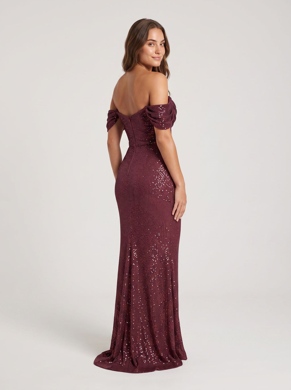 Cabernet Sequins Mermaid Off-the-Shoulder Back Zip Floor-Length Dress with Cascading Ruffles - Curvevia