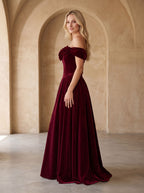Cabernet Velvet A-Line Off-the-Shoulder Back Zip Floor-Length Dress with Pleated Bodice - Curvevia