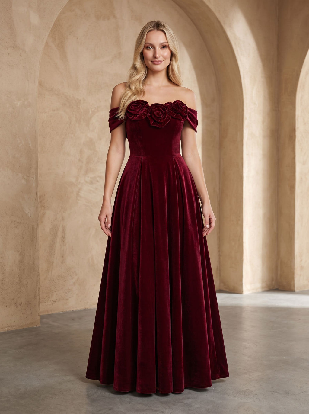 Cabernet Velvet A-Line Off-the-Shoulder Back Zip Floor-Length Dress with Pleated Bodice - Curvevia