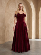 Cabernet Velvet A-Line Off-the-Shoulder Back Zip Floor-Length Dress with Pleated Bodice - Curvevia