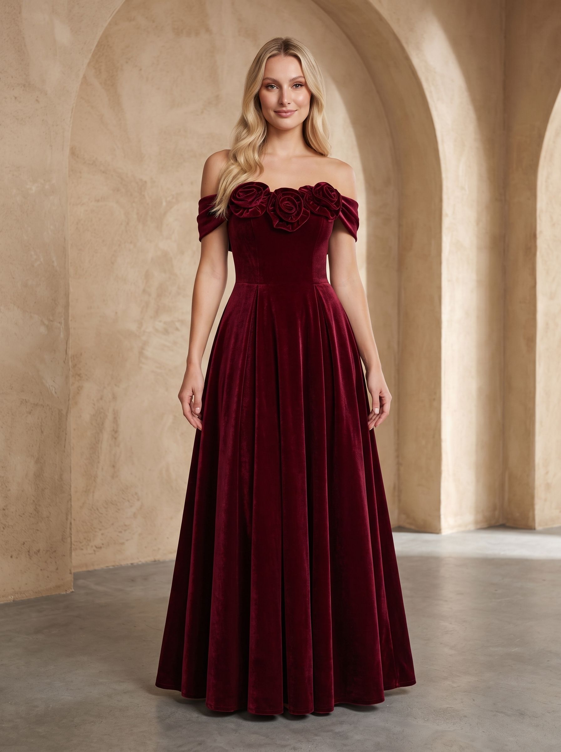 Cabernet Velvet A-Line Off-the-Shoulder Back Zip Floor-Length Dress with Pleated Bodice - Curvevia