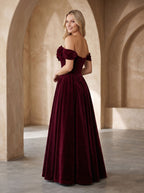 Cabernet Velvet A-Line Off-the-Shoulder Back Zip Floor-Length Dress with Pleated Bodice - Curvevia