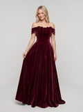 Cabernet Velvet A-Line Off-the-Shoulder Back Zip Floor-Length Dress with Pleated Bodice - Curvevia