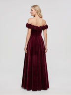 Cabernet Velvet A-Line Off-the-Shoulder Back Zip Floor-Length Dress with Pleated Bodice - Curvevia