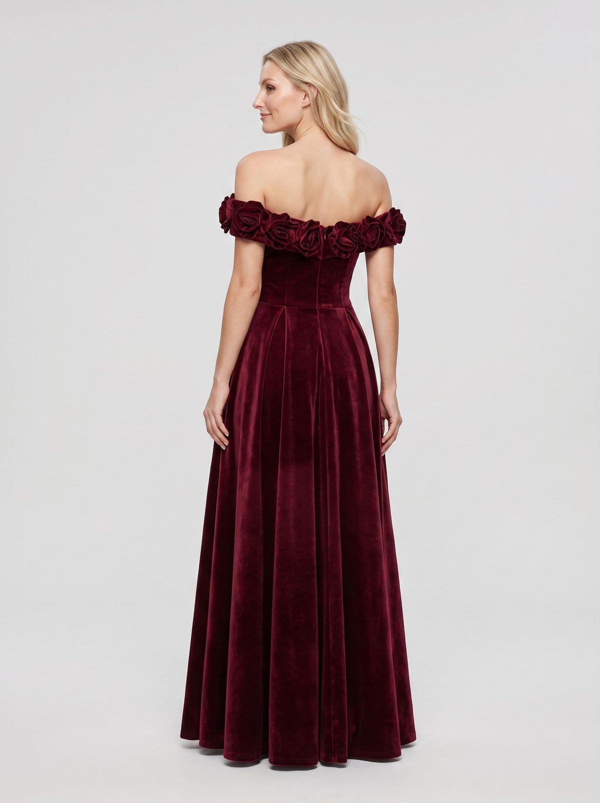 Cabernet Velvet A-Line Off-the-Shoulder Back Zip Floor-Length Dress with Pleated Bodice - Curvevia
