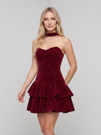 Cabernet Velvet A-Line Scoop Neck Back Zip Short Dress with Layered Skirt - Curvevia