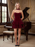 Cabernet Velvet A-Line Scoop Neck Back Zip Short Dress with Layered Skirt - Curvevia