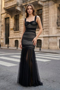 Black Sweetheart Mermaid Tulle Pleated Long Mother of the Bride Dress - Curvevia