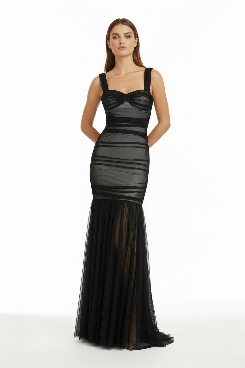 Black Sweetheart Mermaid Tulle Pleated Long Mother of the Bride Dress - Curvevia