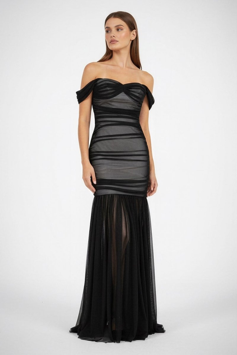 Black Sweetheart Mermaid Tulle Pleated Long Mother of the Bride Dress - Curvevia