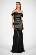 Black Sweetheart Mermaid Tulle Pleated Long Mother of the Bride Dress - Curvevia