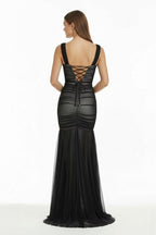 Black Sweetheart Mermaid Tulle Pleated Long Mother of the Bride Dress - Curvevia