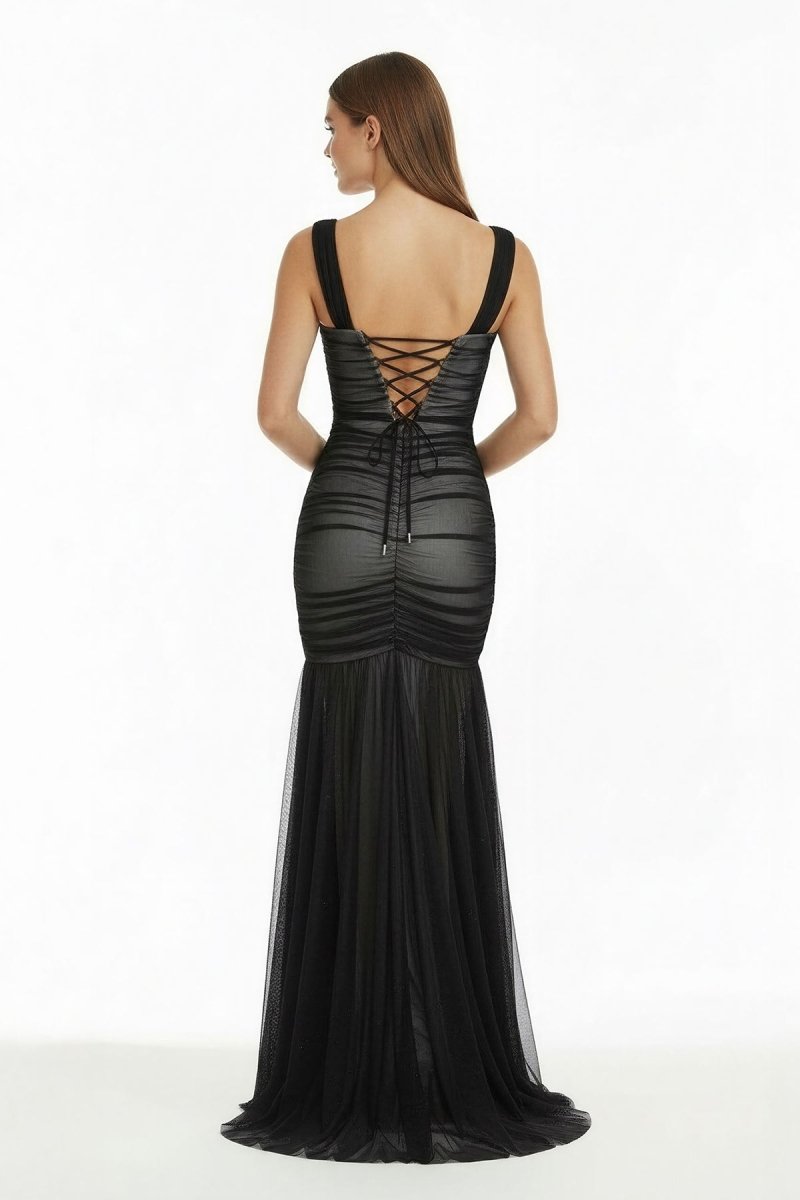 Black Sweetheart Mermaid Tulle Pleated Long Mother of the Bride Dress - Curvevia