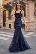 Black Sweetheart Mermaid Tulle Pleated Long Mother of the Bride Dress - Curvevia
