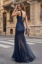 Black Sweetheart Mermaid Tulle Pleated Long Mother of the Bride Dress - Curvevia