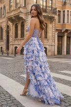 Blue Sweetheart A Line Floral Chiffon Ruffled Wedding Guest Dress With Appliques - Curvevia
