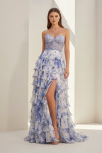 Blue Sweetheart A Line Floral Chiffon Ruffled Wedding Guest Dress With Appliques - Curvevia