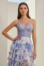 Blue Sweetheart A Line Floral Chiffon Ruffled Wedding Guest Dress With Appliques - Curvevia