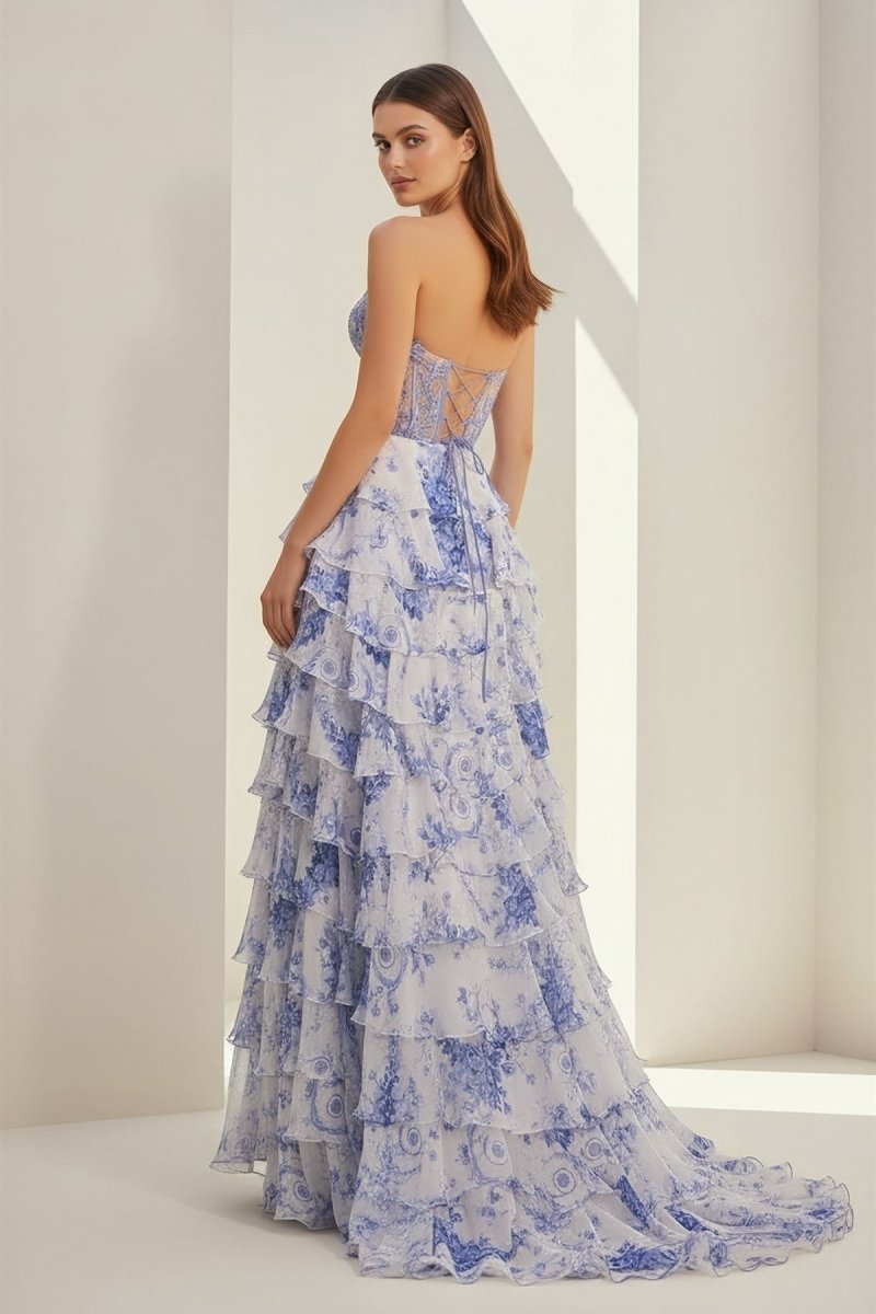 Blue Sweetheart A Line Floral Chiffon Ruffled Wedding Guest Dress With Appliques - Curvevia